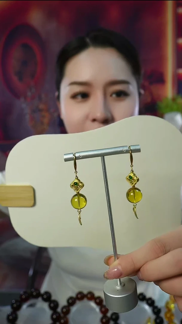 琥珀银S925镶嵌耳饰13mm+蓝珀耳环
