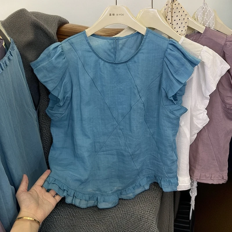 韩系甜美飞飞袖圆领纯色衬衫女2025夏季新款别致减龄百搭显瘦上衣