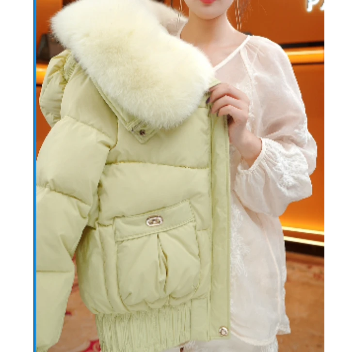XQ-2025年新款高端设计感牛油果绿时尚加厚拼接款大毛领羽绒服