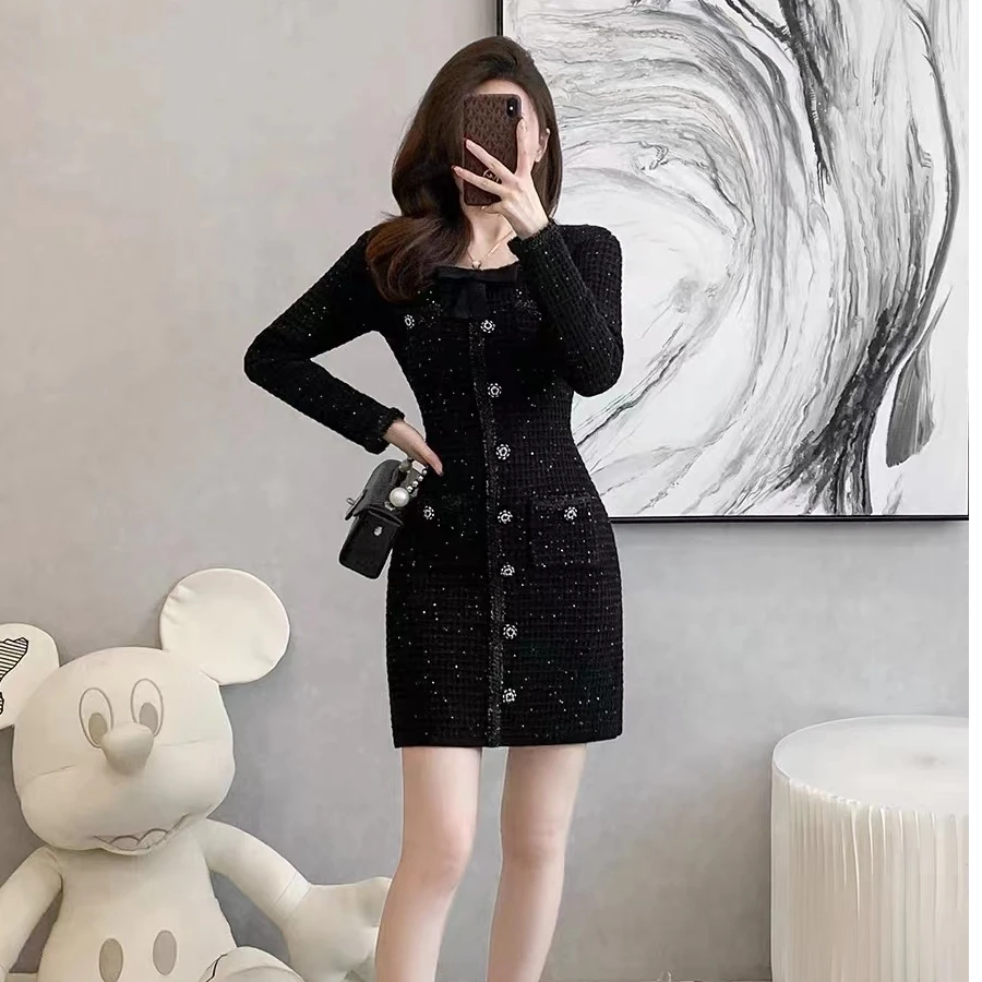 16新中式小香风显瘦气质时尚修身名媛长袖法式包臀裙子小香风裙子