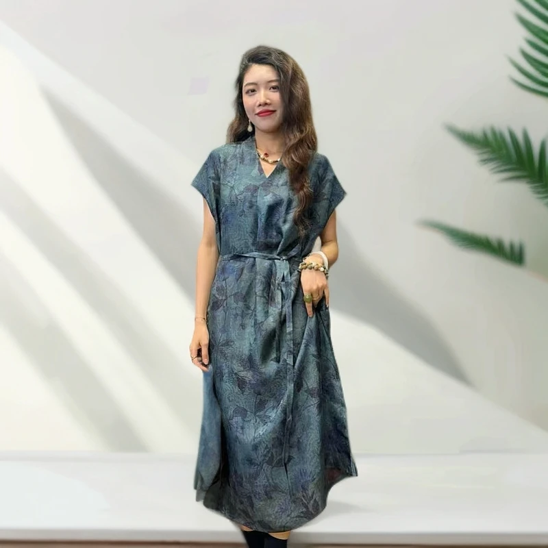 tao-6346 蓝花无袖V领长款连衣裙大袍子