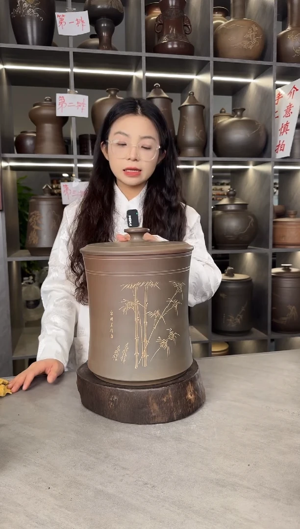 【闪购商品】罐本陶手作钦州坭兴陶腰身竹节刻绘茶叶罐微瑕