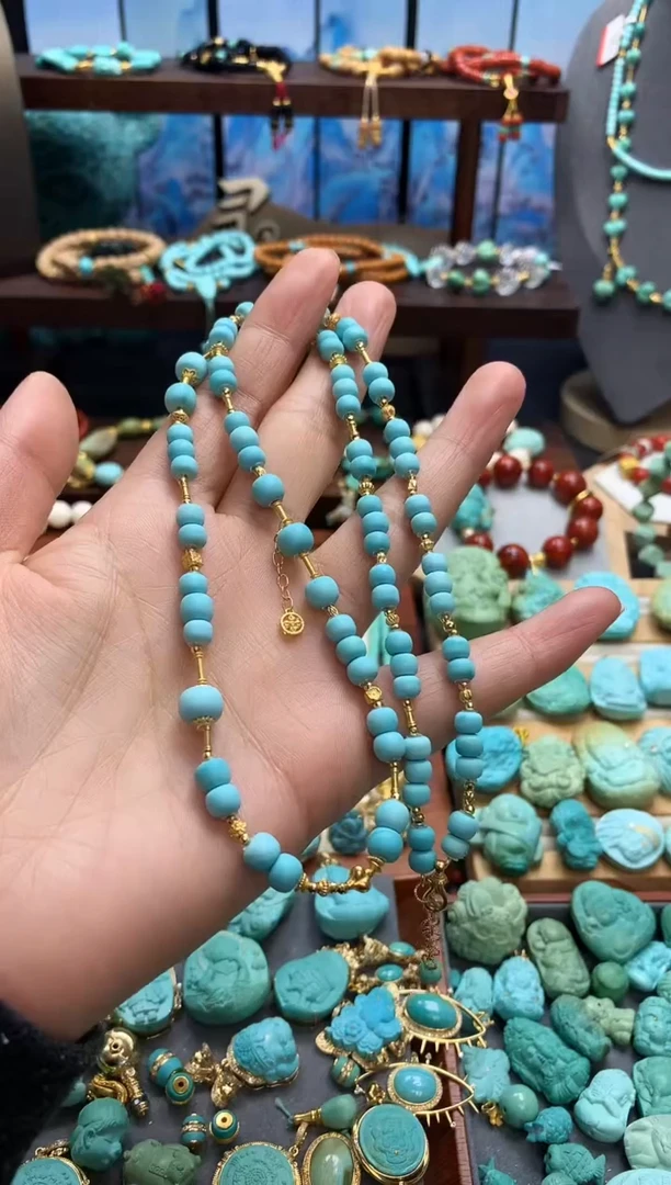 18K金镶嵌绿松石颈饰丝绒老型多圈项链