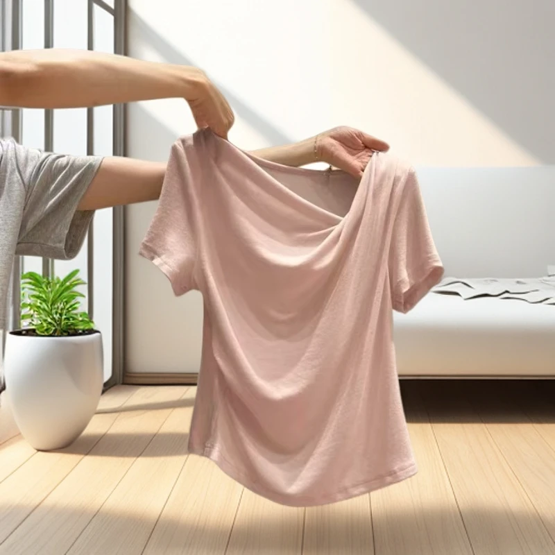 欧若风一字肩短袖T恤夏季甜辣设计感褶皱修身收腰减龄小众上衣女.