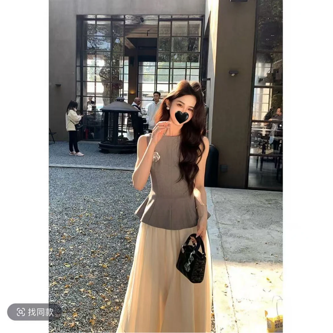 气质无袖背心高腰长裙/高级感背心套装女2025春季新款时尚显瘦