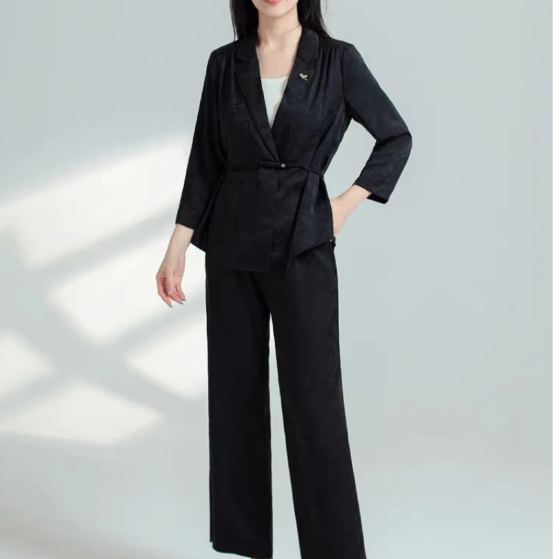 【HT892】新中式国风盘扣优雅高端外套阔腿裤套装