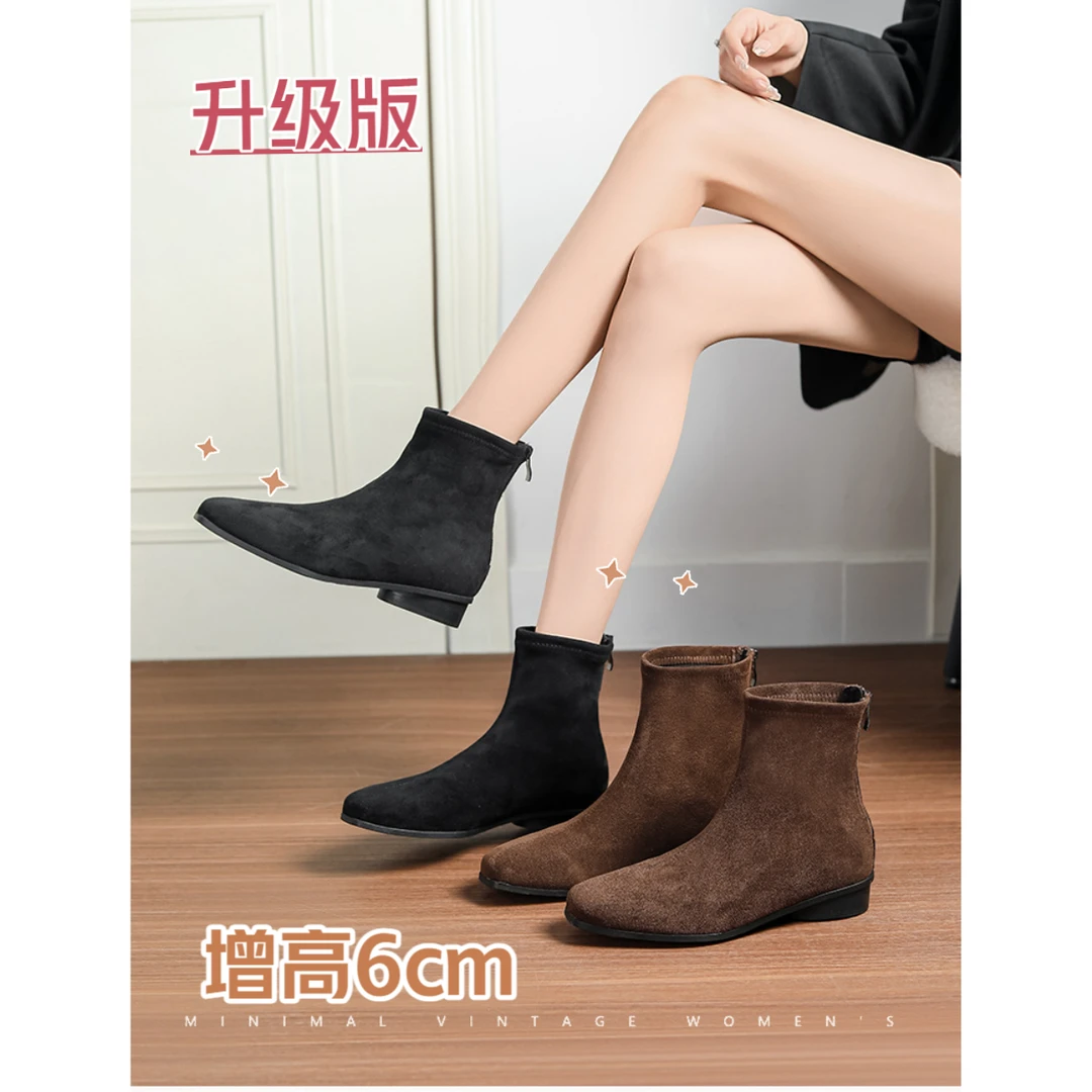 小个子马丁靴女瘦瘦靴2025冬季新款绒面弹力短靴时尚百搭黑色粗跟