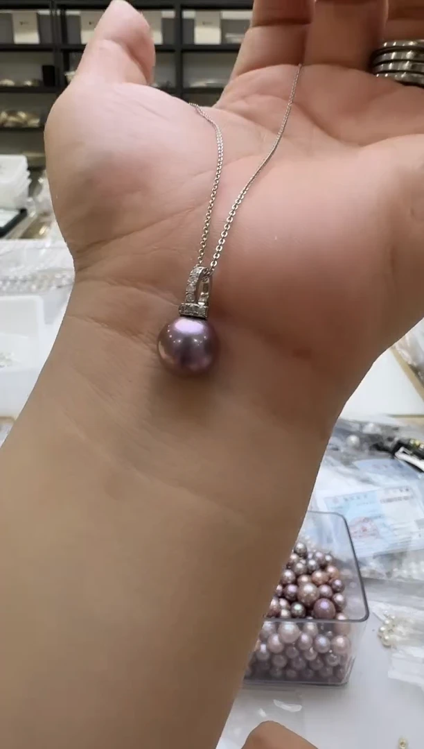 淡水珍珠银S925镶嵌吊坠(赠链)12-13mm 紫万能扣（新品现做）