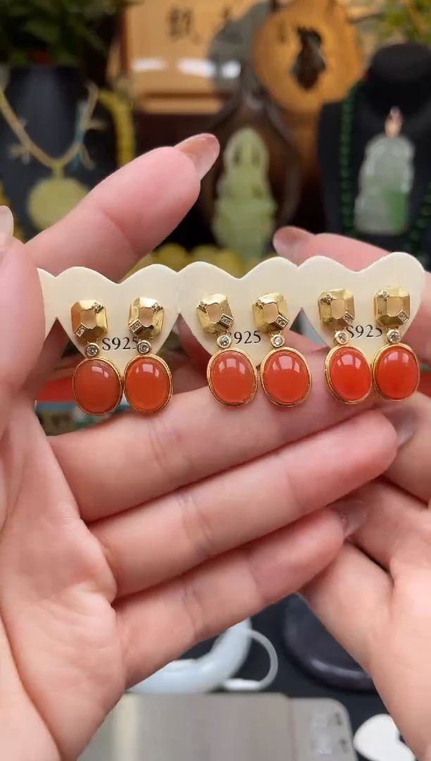 南红玛瑙银S925镶嵌耳饰耳饰多样性发其一XH011