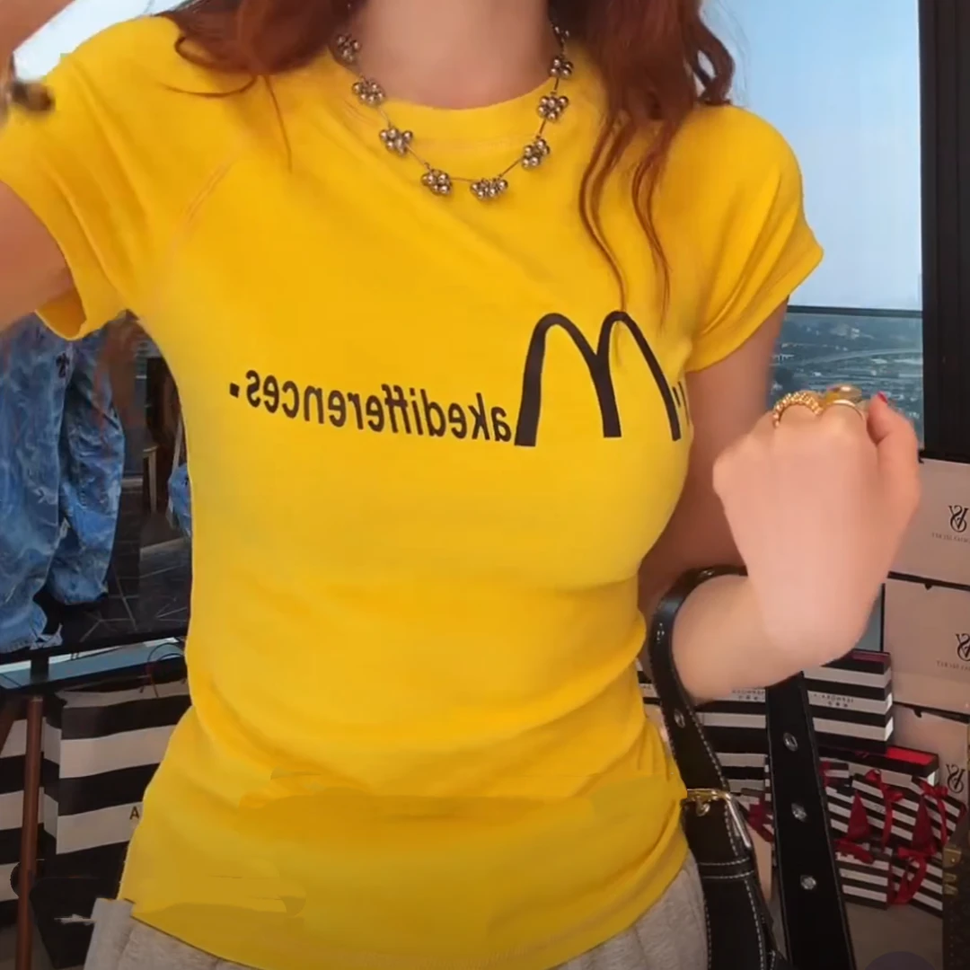 设计感薄荷曼波M家字母印花短袖T恤女2025早春新款简约短款12337