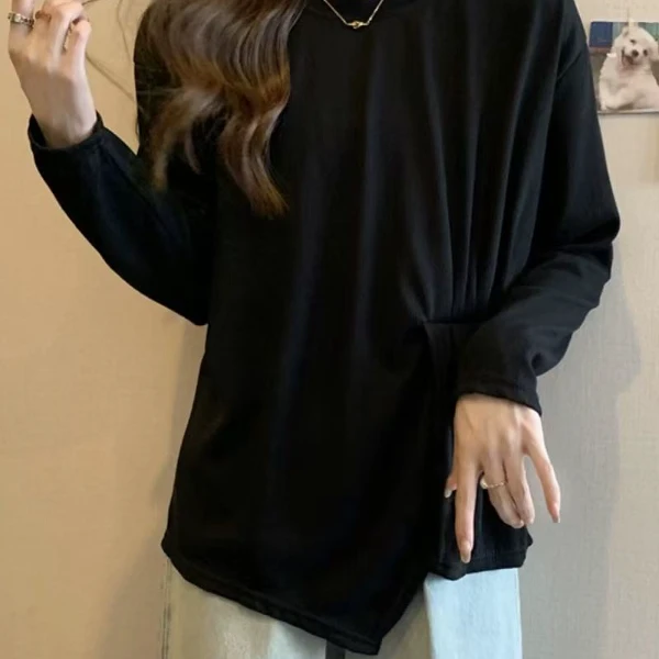 大码不规则长袖开叉上衣休闲打底衫内搭宽松大码女装