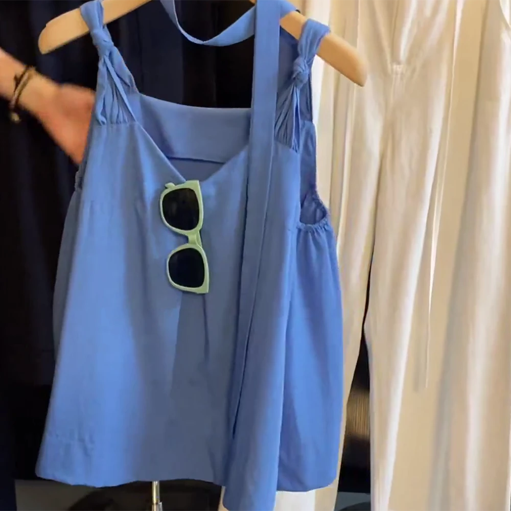 【希腊小屋】韩版飘带扭结吊带背心V领显瘦无袖衬衫女