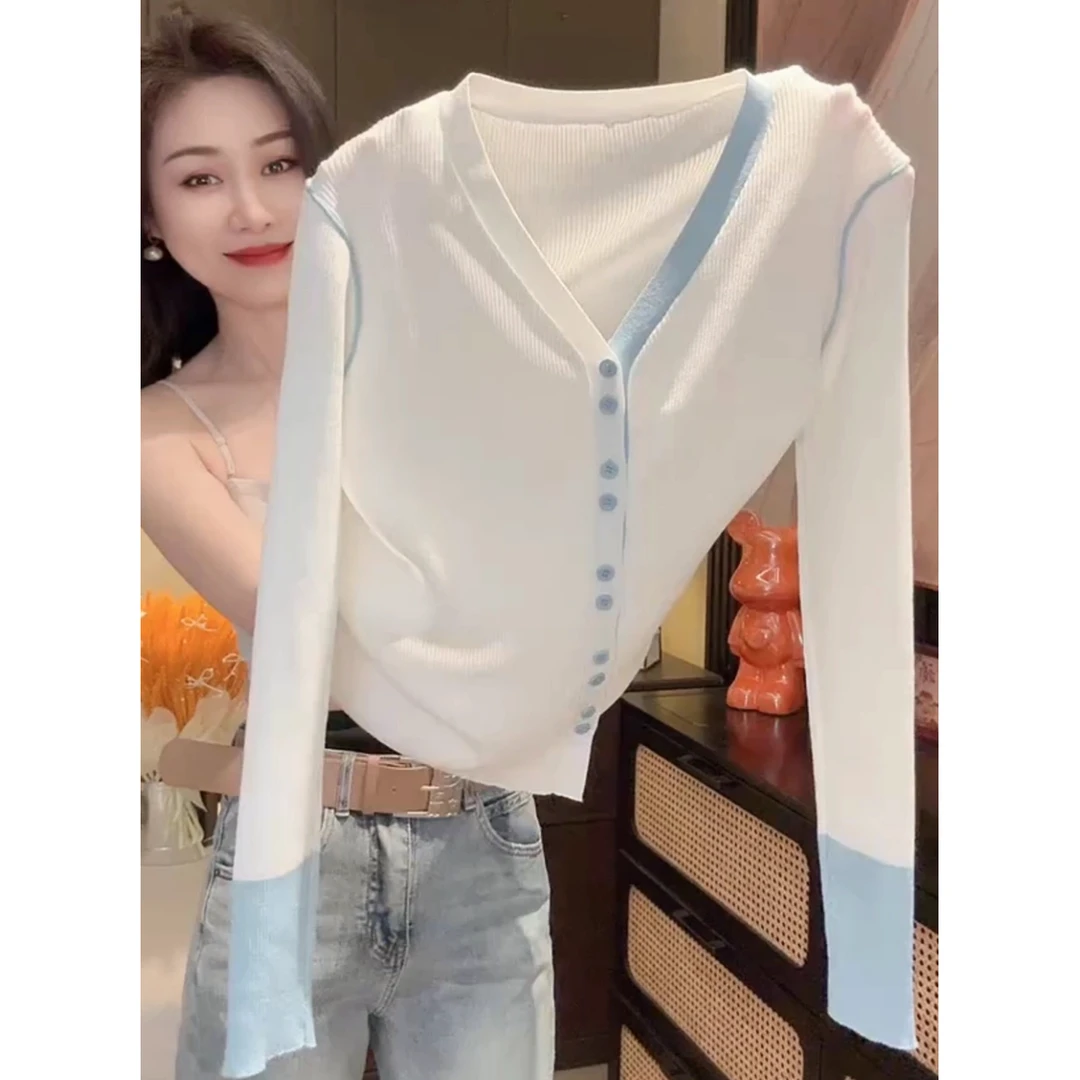 设计感撞色长袖V领针织开衫女早春新款气质显瘦薄款百搭别致上衣