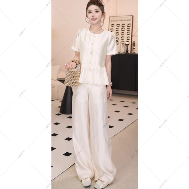 【月光琉璃】2025年夏法式珠光感圆领珍珠上衣裤子套装两件套洋气