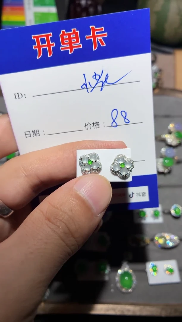 银S925镶嵌翡翠耳饰小**喵 小花喵喵