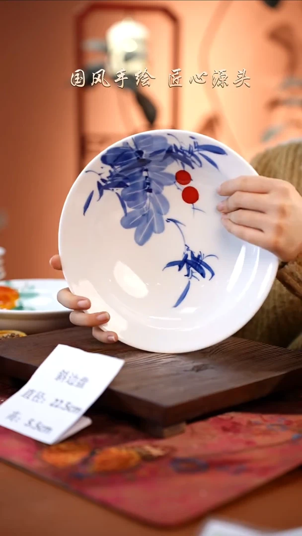 陶瓷景德镇釉中彩餐具斜边盘直径22.5高5.5