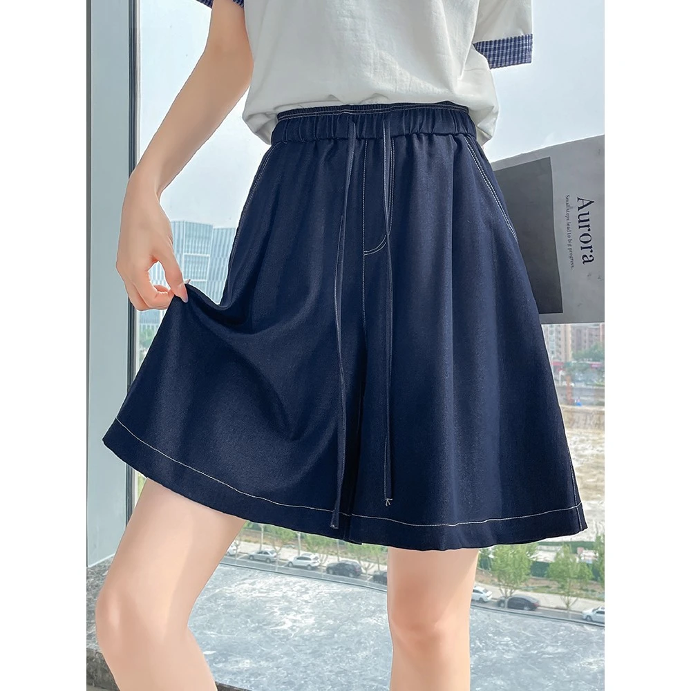 复古时尚牛仔短裤女夏薄2025新款宽松阔腿热裤高腰a字冰丝五分裤