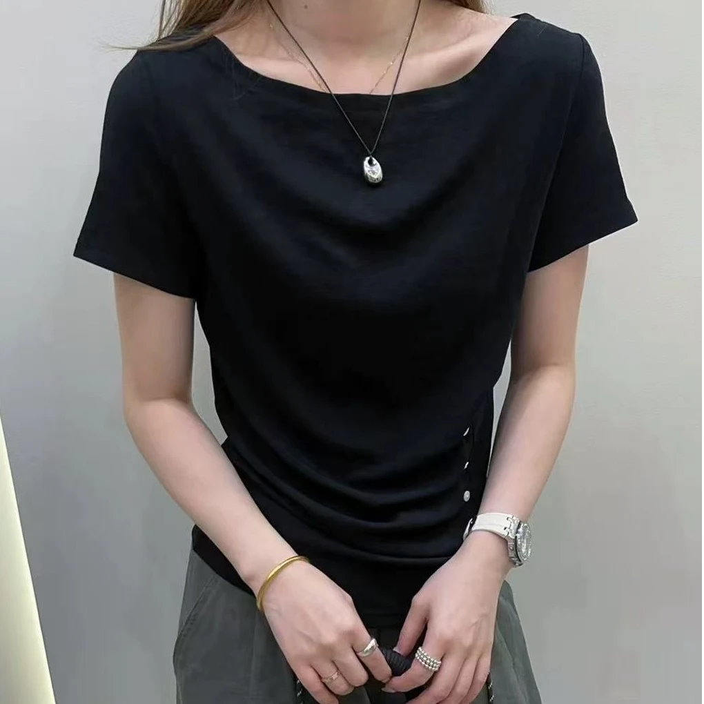 【锦衣服饰】ML 66007韩系下摆褶皱一字肩短袖T