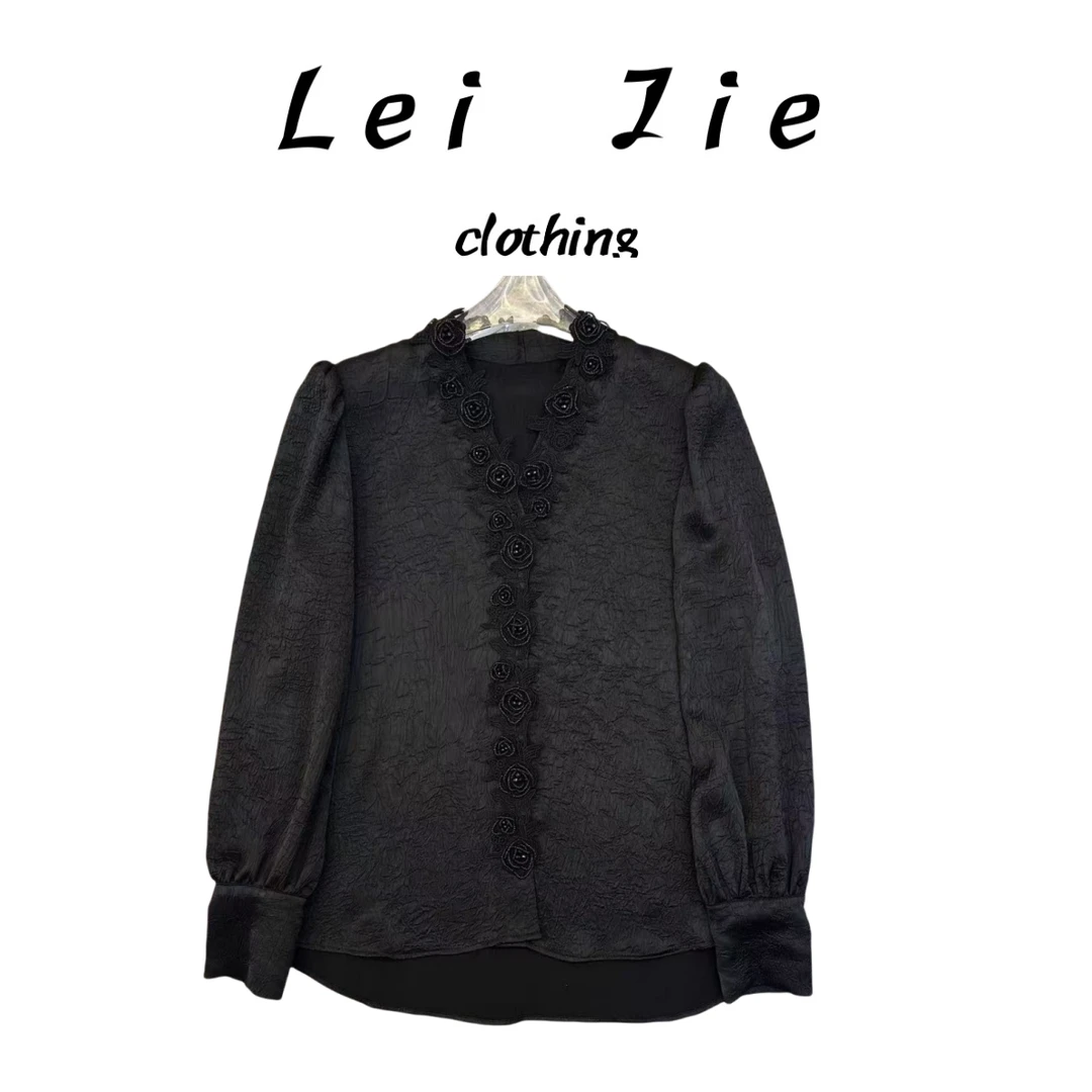 【Lei Jie】珍珠花边V领蕾丝边女人味衬衫349