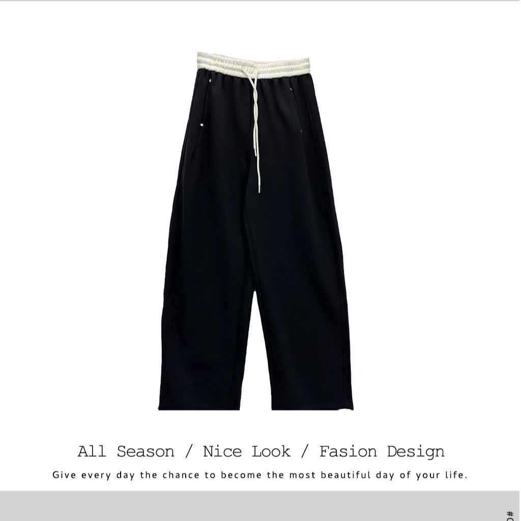 530  高腰显瘦阔腿弯刀裤女春新款百搭时尚撞色抽绳休闲卫裤#2516