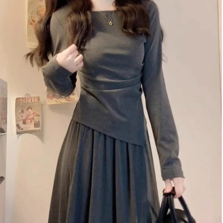 小个子巨好看的早秋穿搭灰色套装裙子女装秋季新款收腰高级感长裙