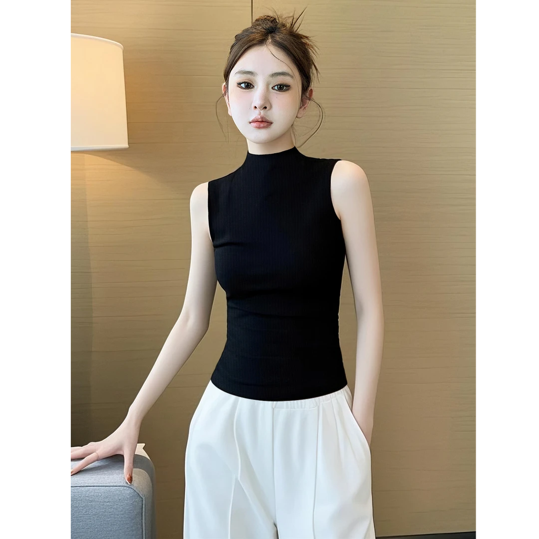 半高领莫代尔冰丝背心女夏外穿2025新款内搭打底无袖黑色吊带上衣