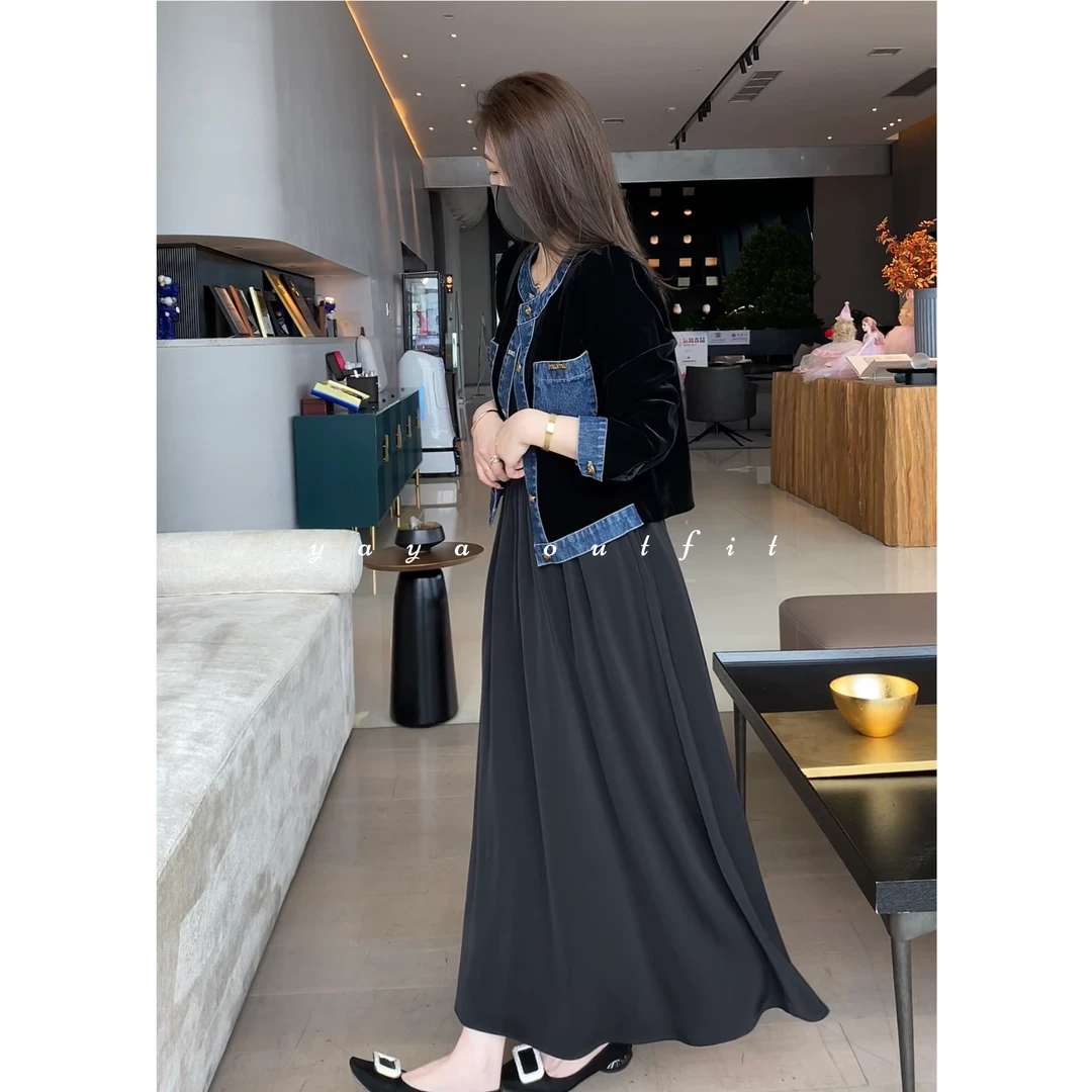 【牙牙甄选】欧货轻奢丝绒拼接牛仔外套设计感显瘦奢牌上衣63