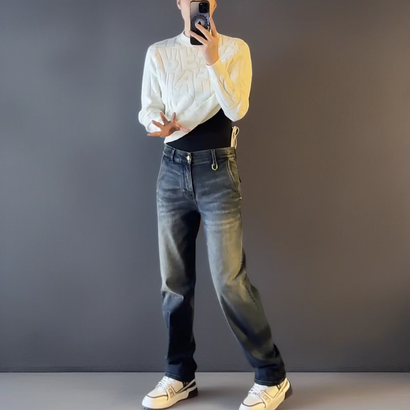 高档男装大码秋冬男士美式复古蓝中腰百搭休闲2025春秋直筒牛仔裤