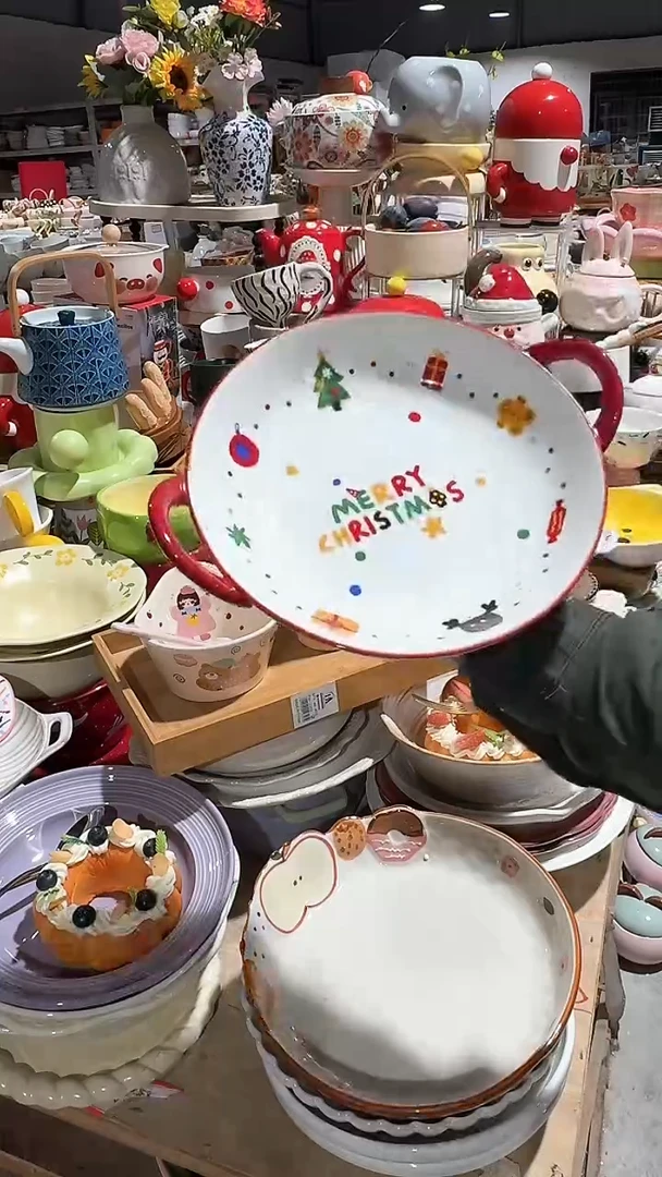 陶瓷圣诞双耳盘微瑕 凑满20元包邮