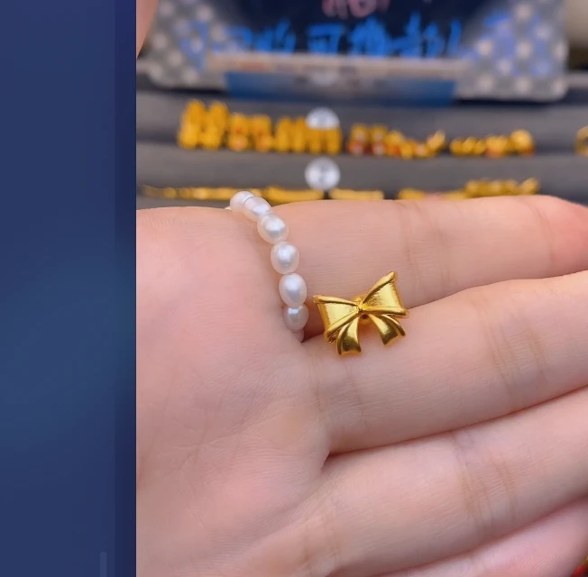 足金999通孔蝴蝶结珍 珠 戒/ 多样性发