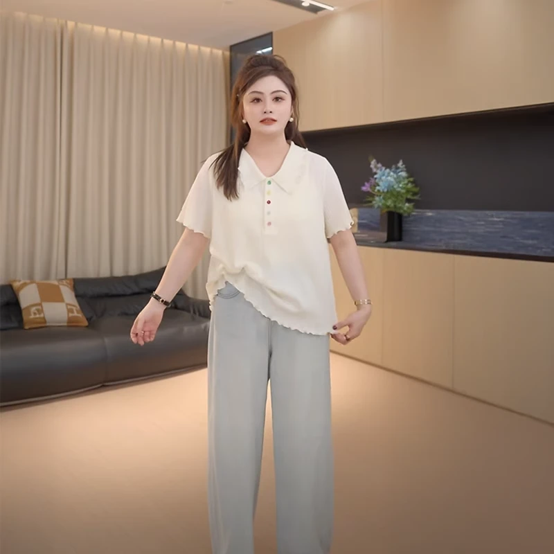 胖媛媛大码女装翻领正肩冰丝针织上衣女夏季胖mm百搭遮肉短袖T恤