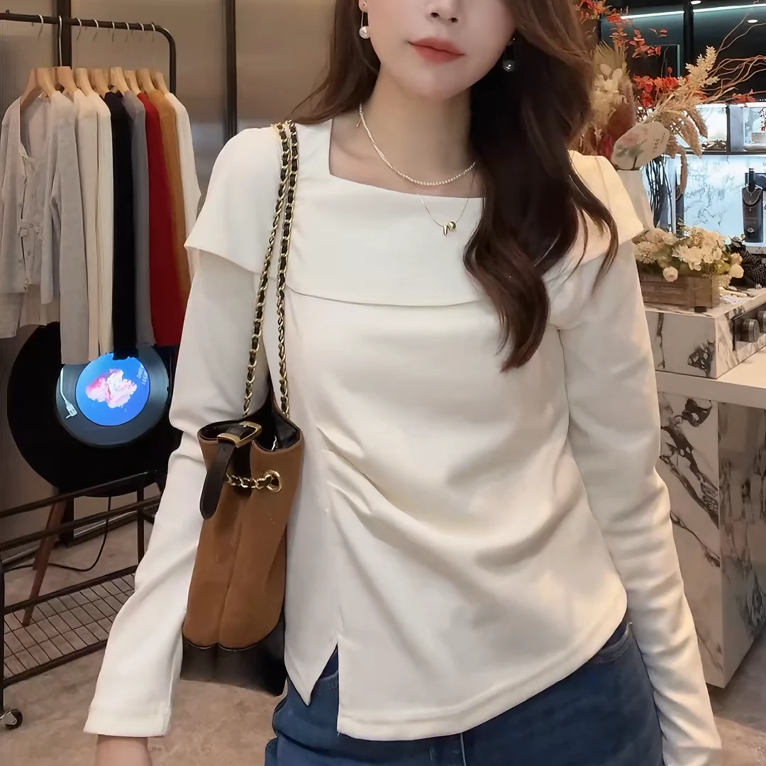 【小美好】早秋设计感薄款长袖打底T恤韩版显瘦方领上衣女LK2505795