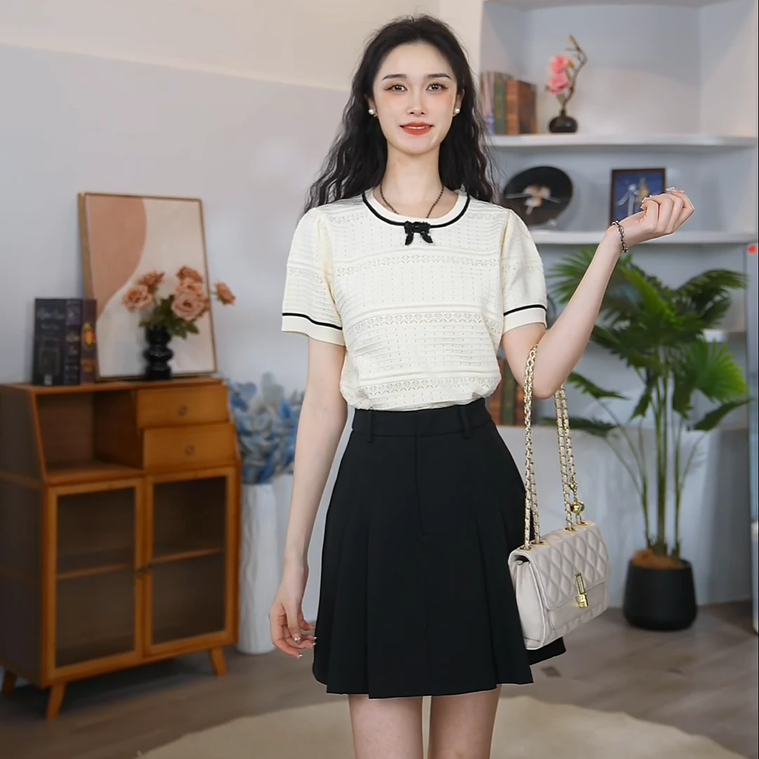 【曼贝】宽松型女短袖毛针织衫百搭休闲 8542947香草米【小雪】