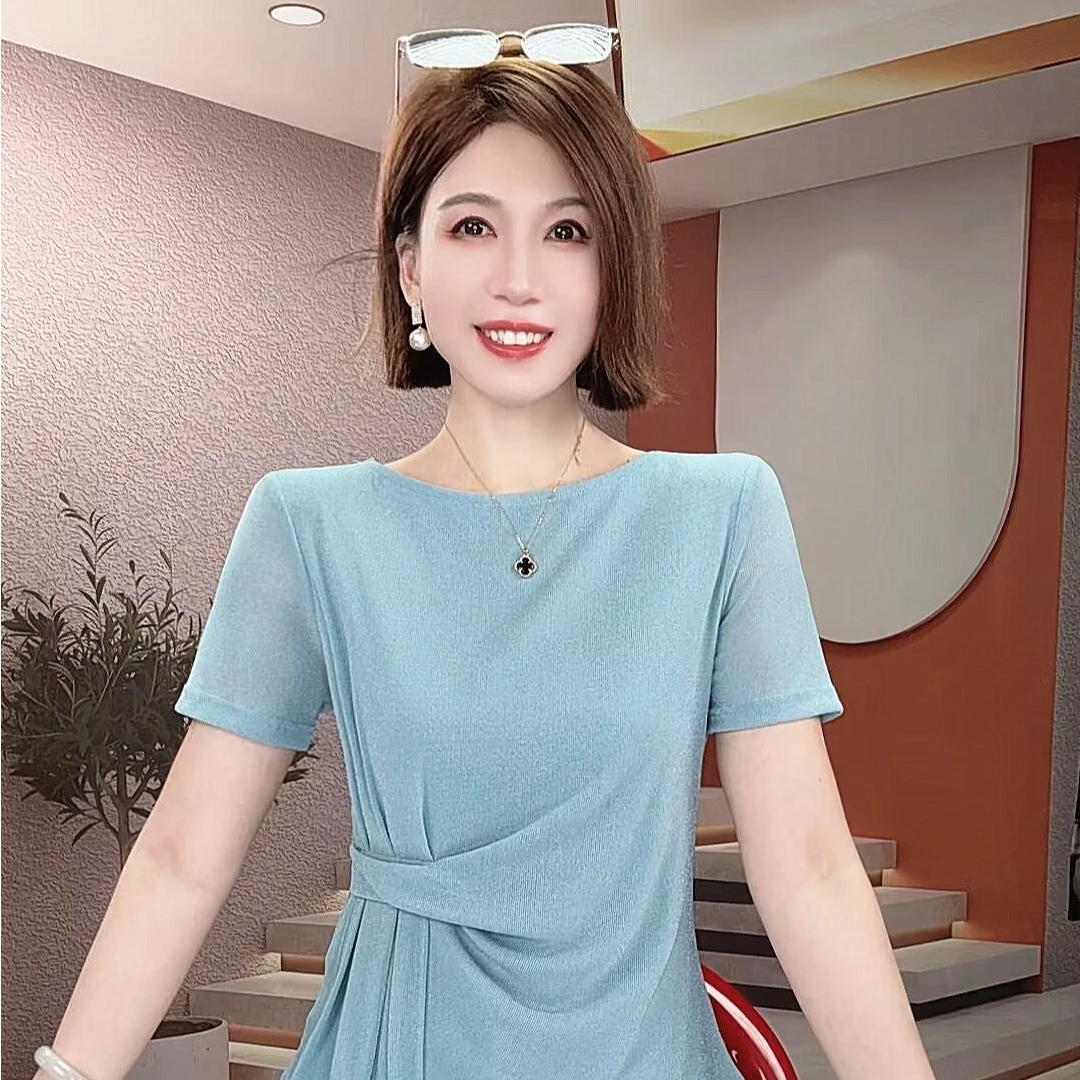 睿萌女装一字领黑色网纱短袖t恤女夏收腰显瘦上衣洋气时髦小衫潮t