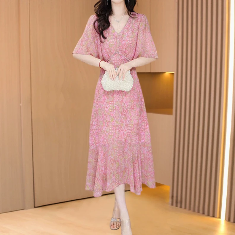 法式碎花连衣裙2025年夏季中长款减龄洋气遮肉显瘦a字裙子