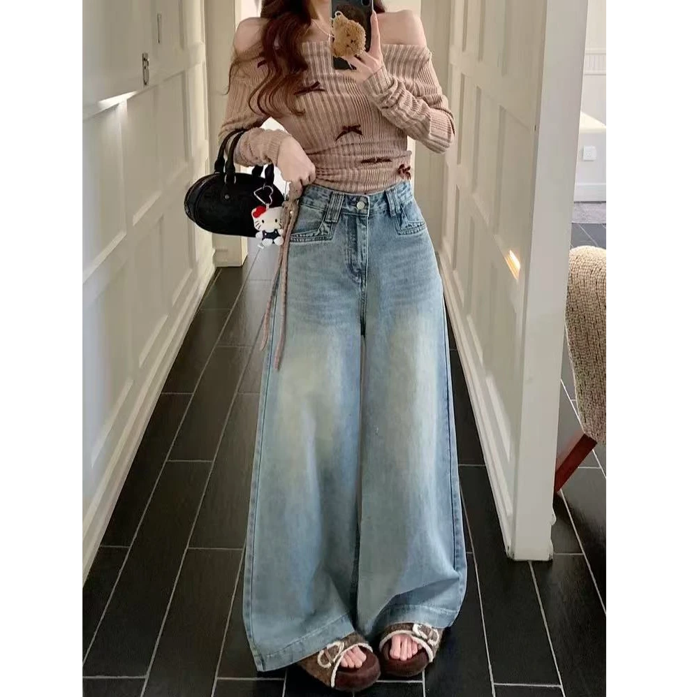 （免费试穿）加长浅蓝色辣妹牛仔裤女小个子高腰宽松垂感美式长裤子