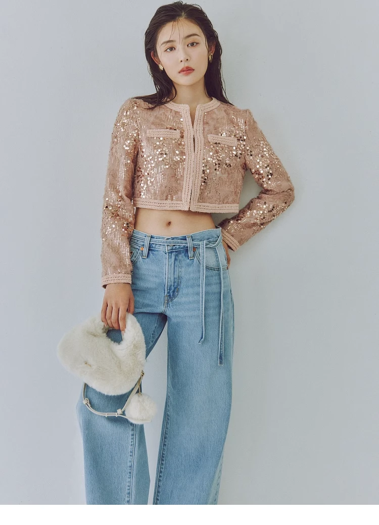 【FaFa】日系品牌 S 甜美 流苏亮片圆领短款外套开衫F1042