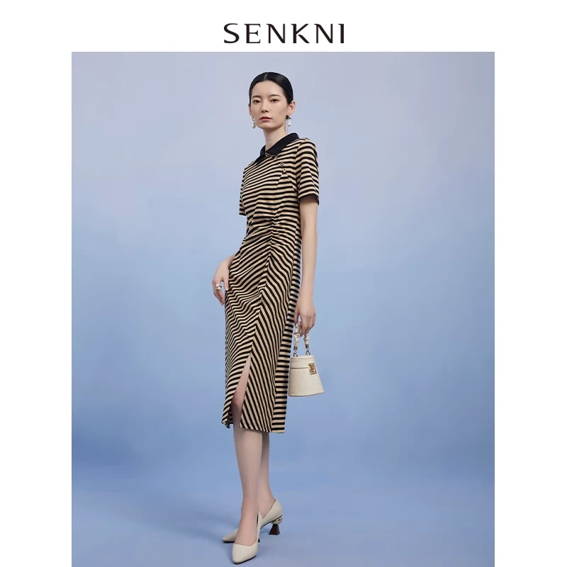 圣可尼改良旗袍裙设计感撞色条纹休闲连衣裙S361225MD