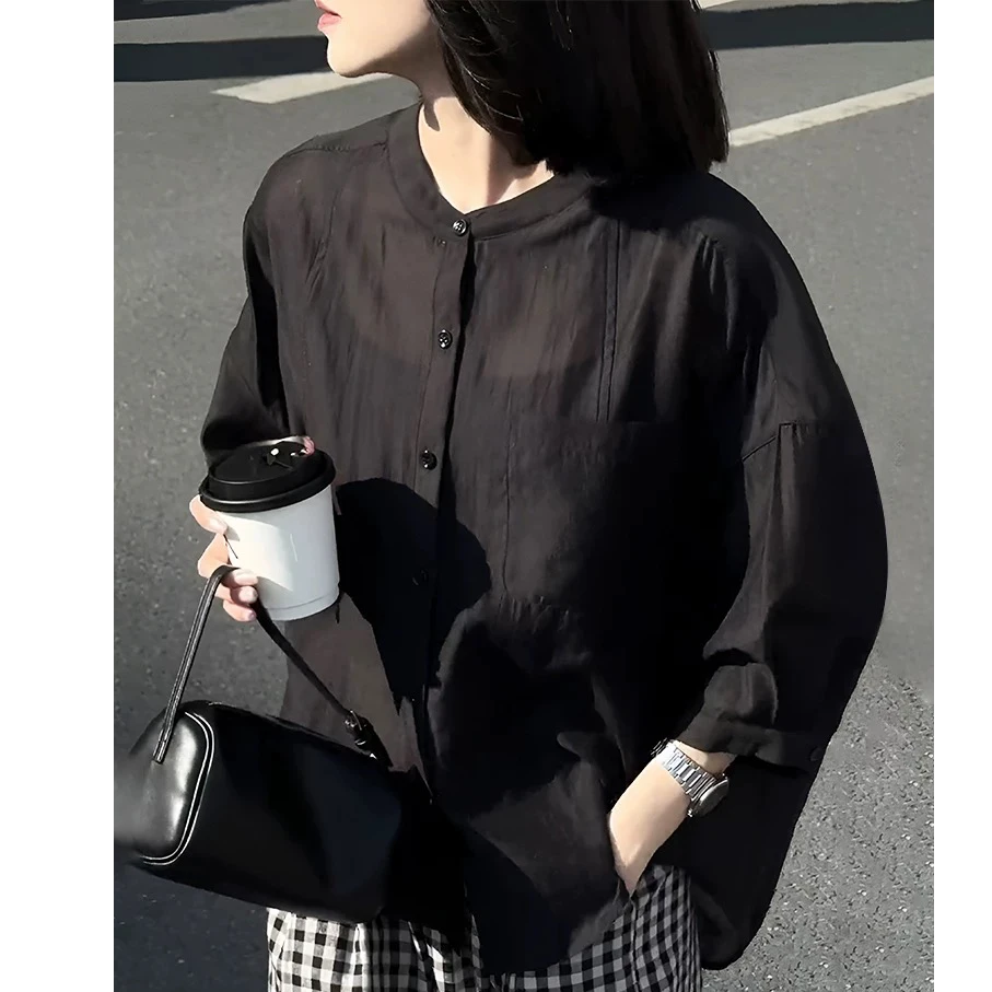 法式高级感黑色七分袖衬衫女2025新款夏季宽松防晒开衫上衣女