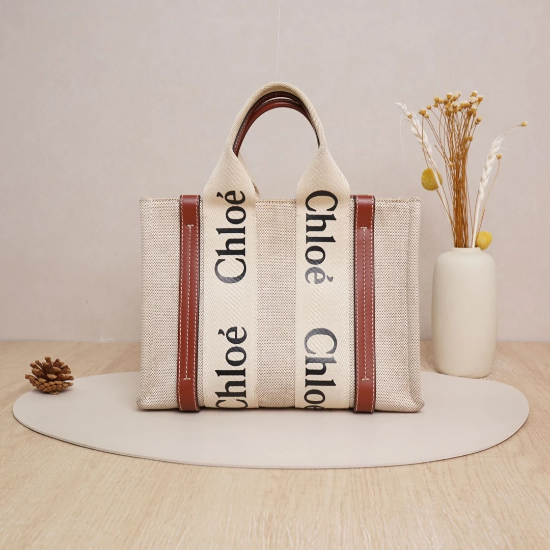 95新 Chloe/蔻依 蔻依woody托特包小号自然色拼棕色帆布/DS046017