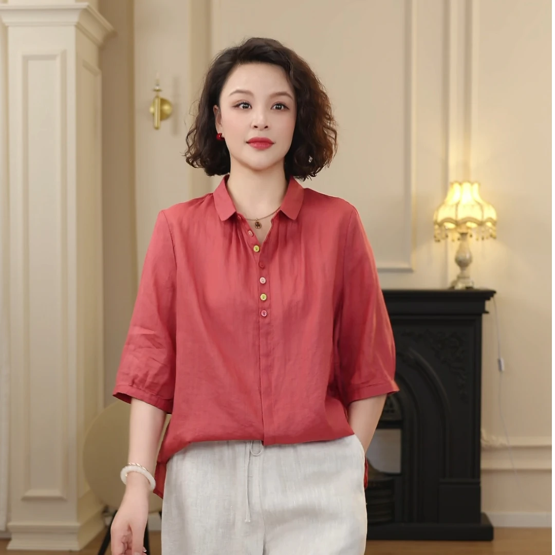 【橘猫美依】时尚减龄立领苎麻小衫洋气百搭9296