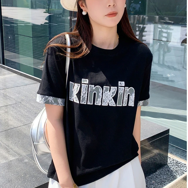 邂逅色彩幻境~字母蕾丝短袖T恤