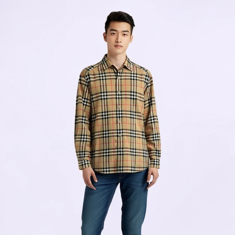 99新 BURBERRY/博柏利 12237270 经典格纹翻领衬衫 卡其色 M码