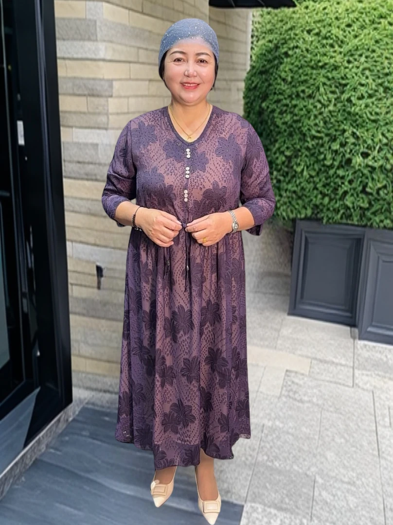 【新疆包邮】中年妈妈夏季新款乔其纱收腰显瘦圆领大摆遮肉连衣裙