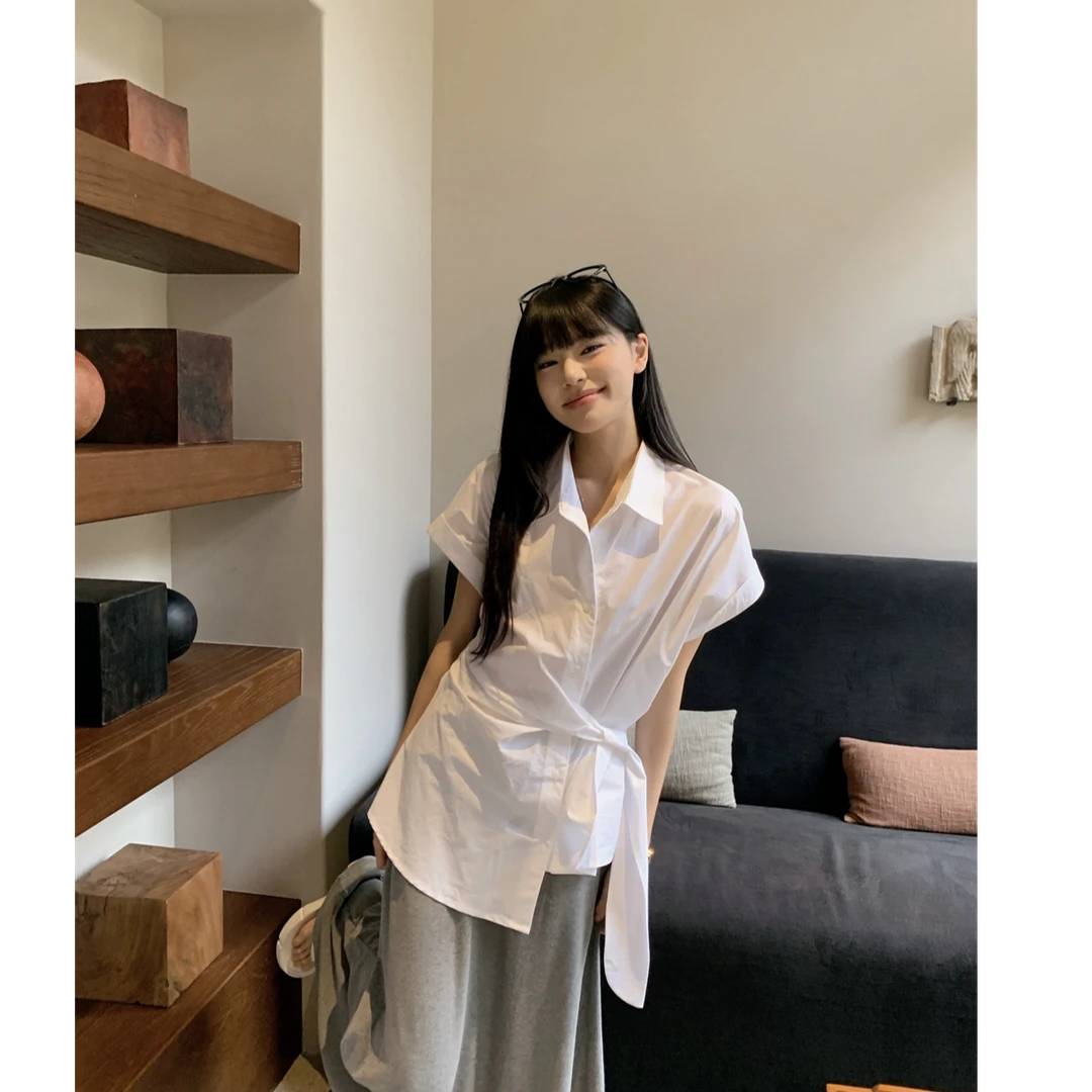 由子衣舍/Youzi Atelierv法式气质收腰绑带POLO领衬衫显瘦中长款