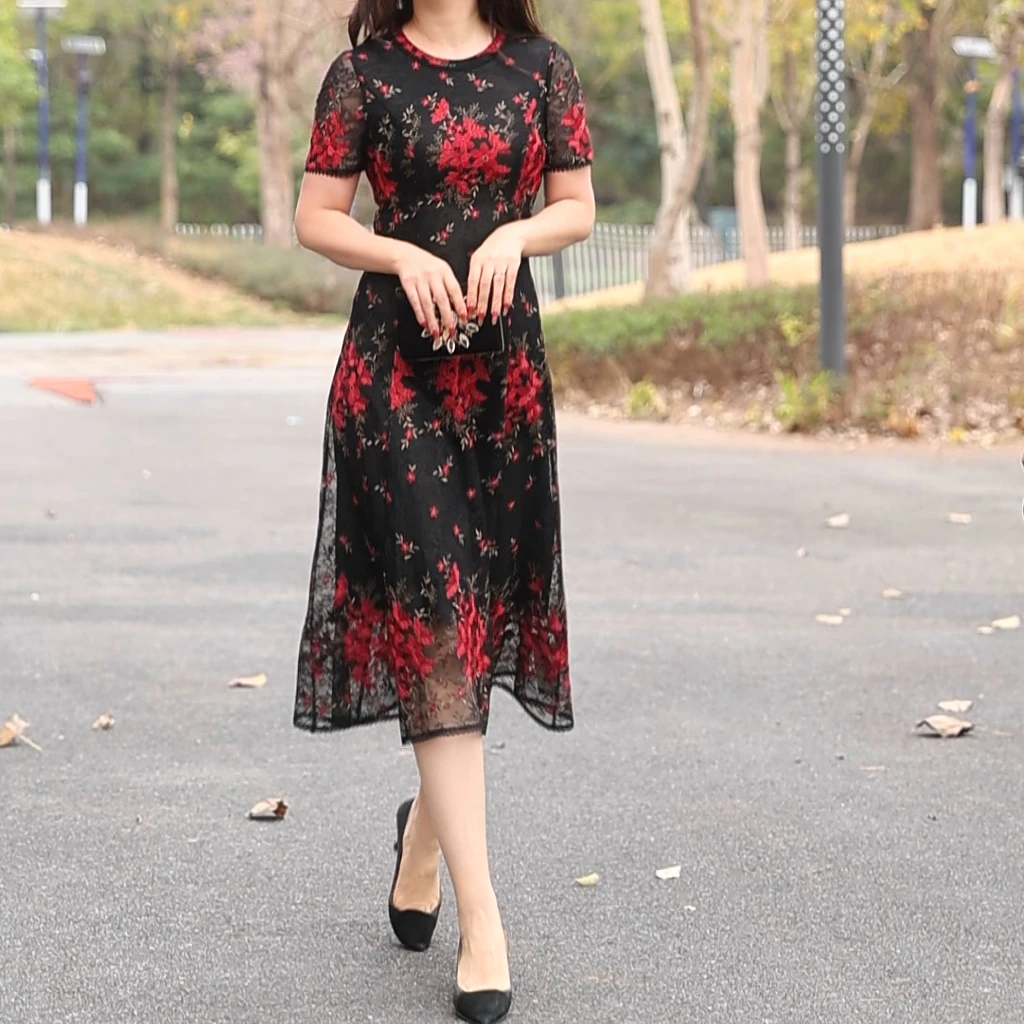 绣花连衣裙时尚妈妈装#YB04716H-59时尚洋气显瘦气质连衣裙