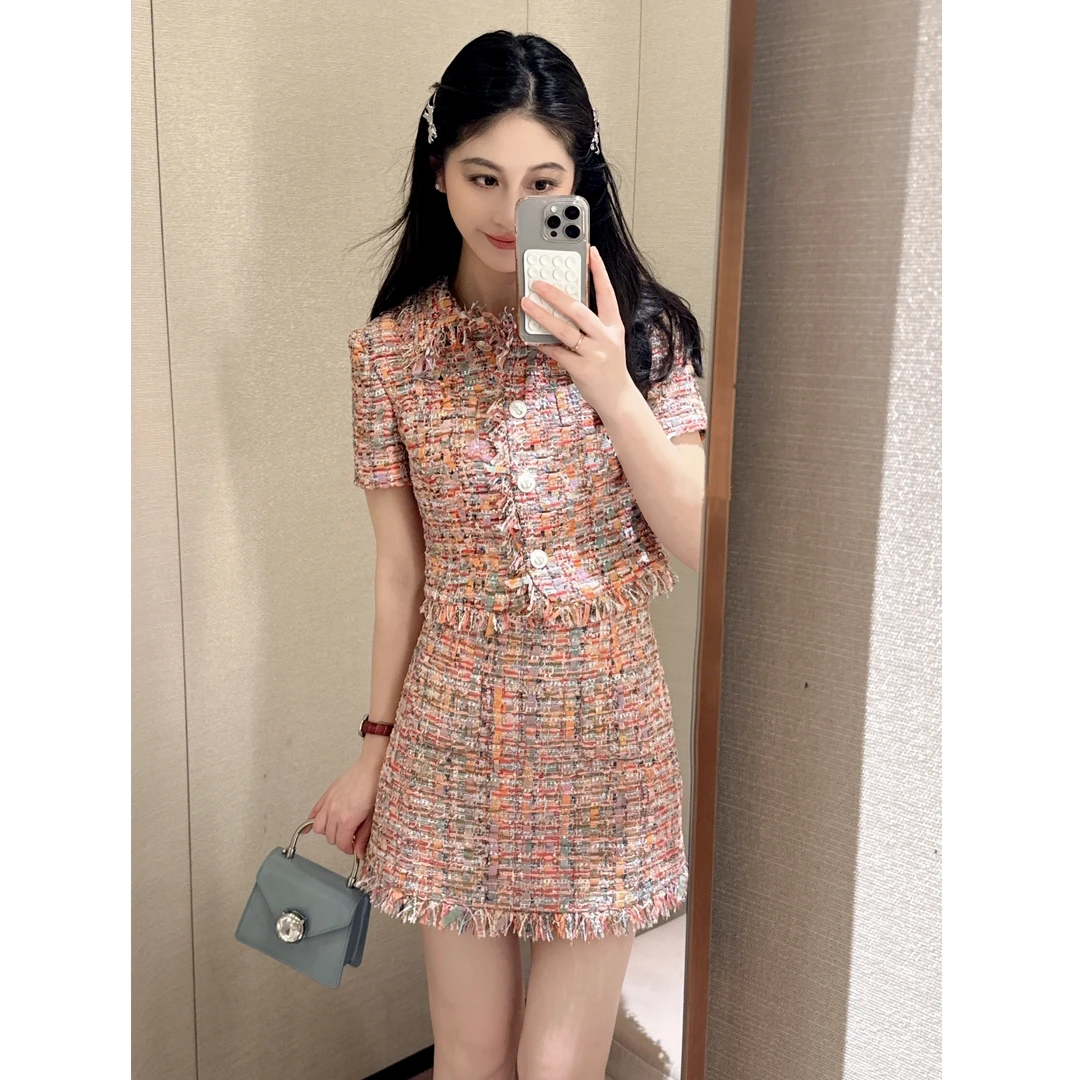 气质名媛小香风套装2025春新款短袖外套半裙彩色编织粗花呢两件套