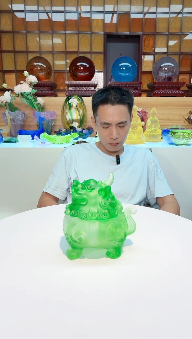 手工艺品琉璃大****酪绿色狻猊香炉11*11*6.5公分