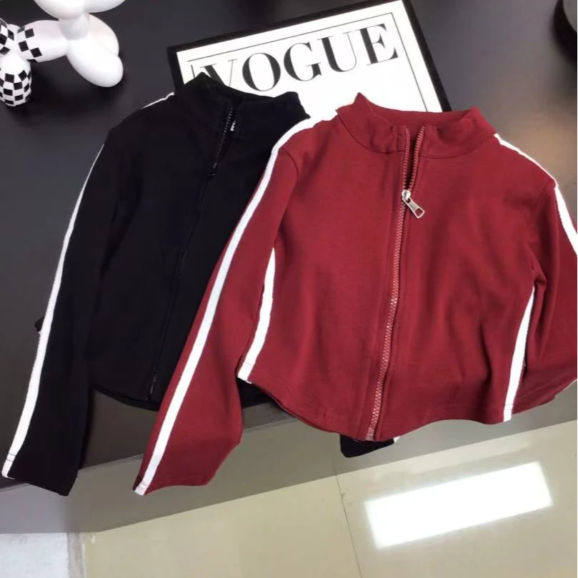 女童美式拉链开衫撞色条纹长袖2025秋款新款