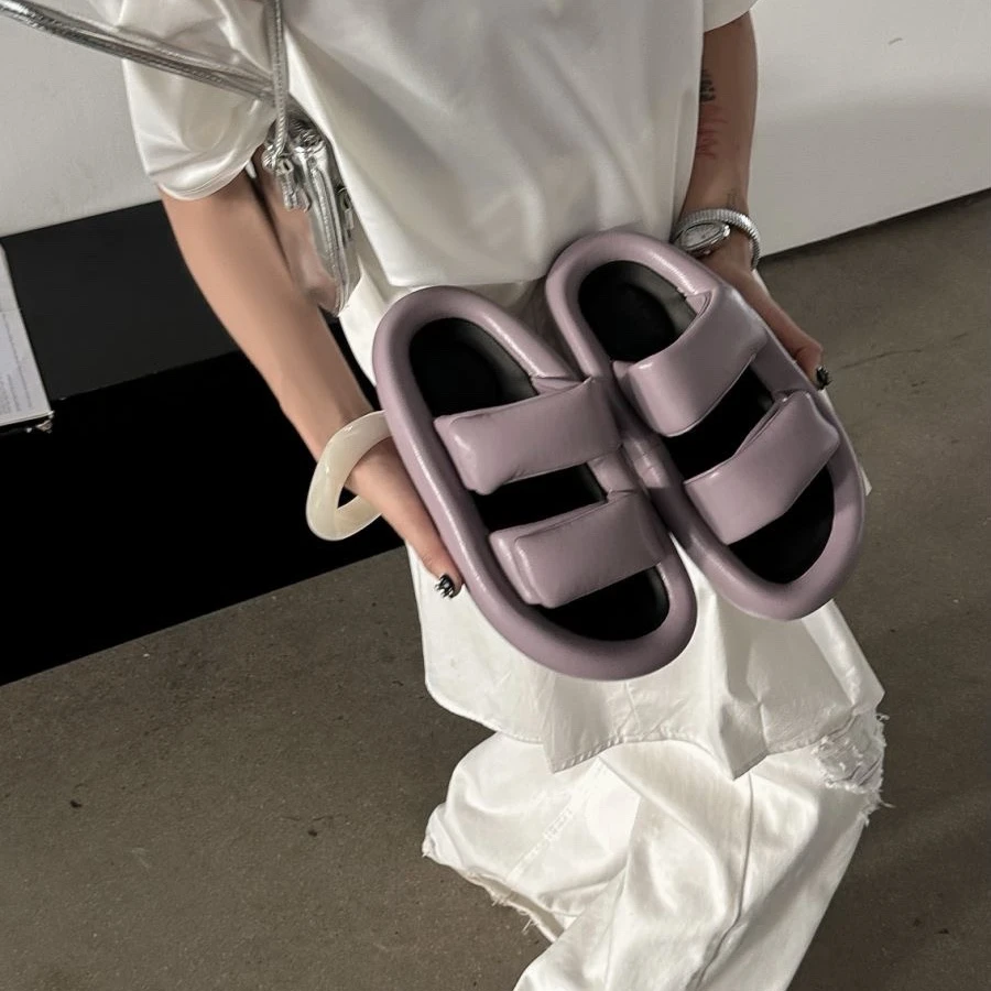 VEEFSHOW JL-17 夏季圆头露趾凉拖鞋百搭一字拖魔术贴厚底懒人拖